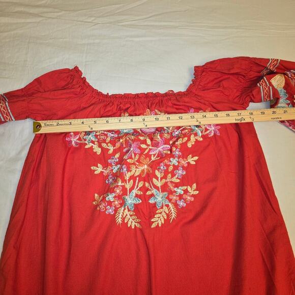 Free People Off Shoulder Embroidered Boho Dress S Red Floral Festival Gypsy Chic - Picture 8 of 12